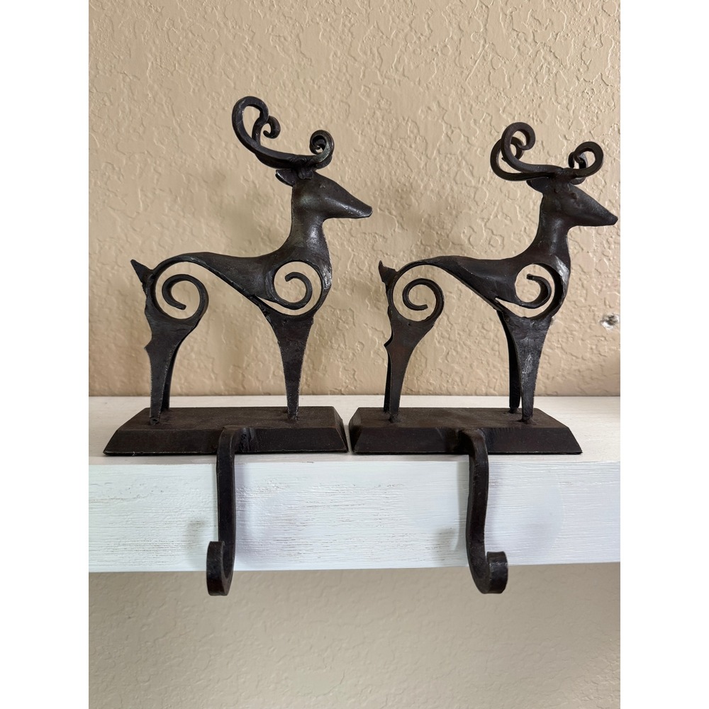 Vintage Heavy Iron Reindeer Stocking Holders Set of 2 MCM Christmas Mantel